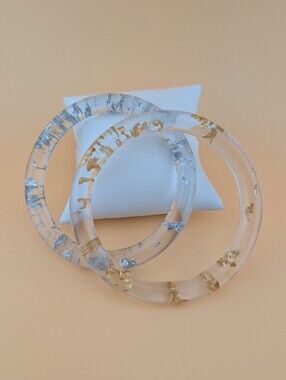Gold Silver Foil Flake Clear Resin Bangle Bracelet Set • Handmade